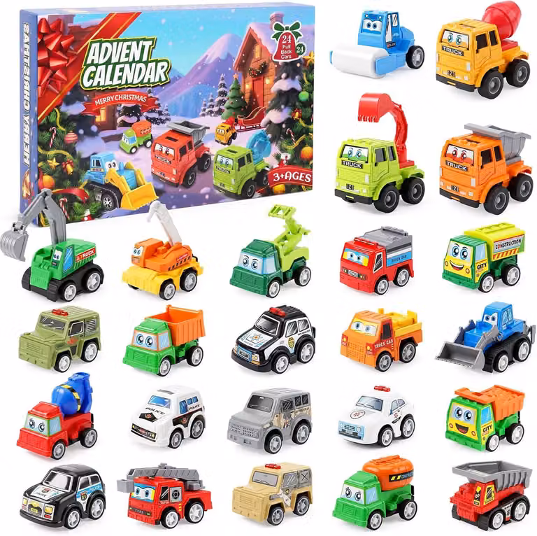 Calendario dell'Avvento natalizio per bambini - 24 macchinine giocattolo con personaggi dei cartoni animati - Set regalo con veicoli per contare i giorni che mancano - Ideale anche come regalo di compleanno