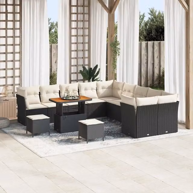Set Divano da Giardino vidaXL a forma a U composto da 13 pezzi con Cuscini, Tavolino e Pouf, Colore Nero e Beige