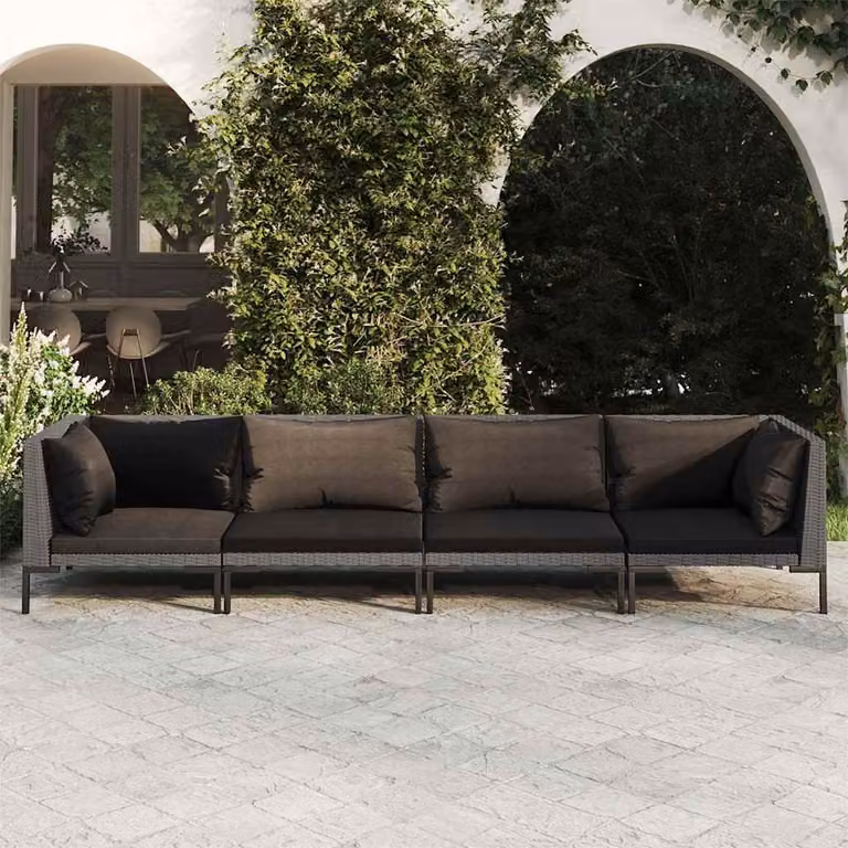 Set Divani da Giardino vidaXL a Forma di L con Cuscini in Schiuma e Rivestimenti Rimovibili, Struttura in Acciaio Verniciato a Polvere e Polyrattan, Grigio e Nero