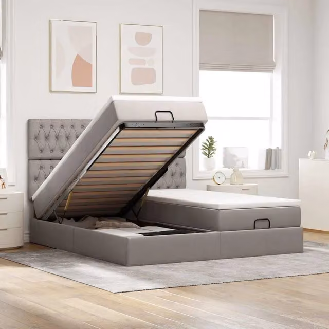 Letto con contenitore a sollevamento vidaXL in tessuto beige, grigio e bianco, L 160 cm x P 200 cm