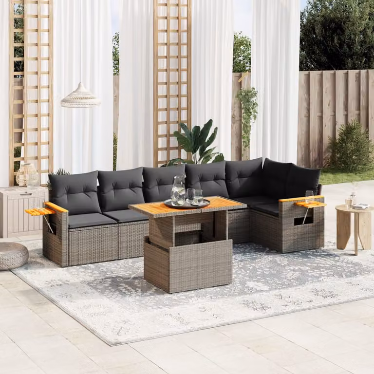 vidaXL Set Divani da Giardino 7 pz a Forma a L con Tavolino e Cuscini Grigio in Polyrattan
