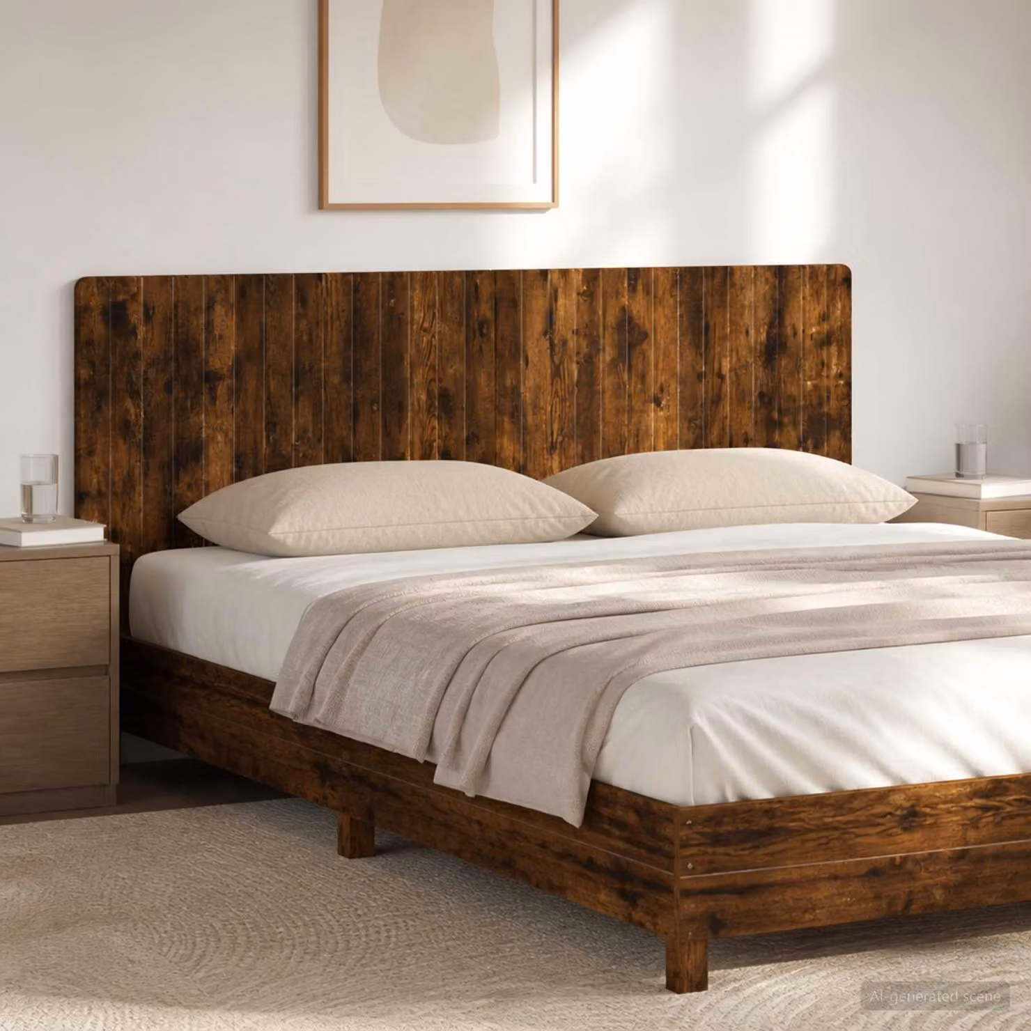 Testiera da muro vidaXL ZWOLLE in legno ingegnerizzato Rovere Fumo con mensola integrata e scomparti laterali, L: 180 cm, H: 50 cm, P: 15,8 cm