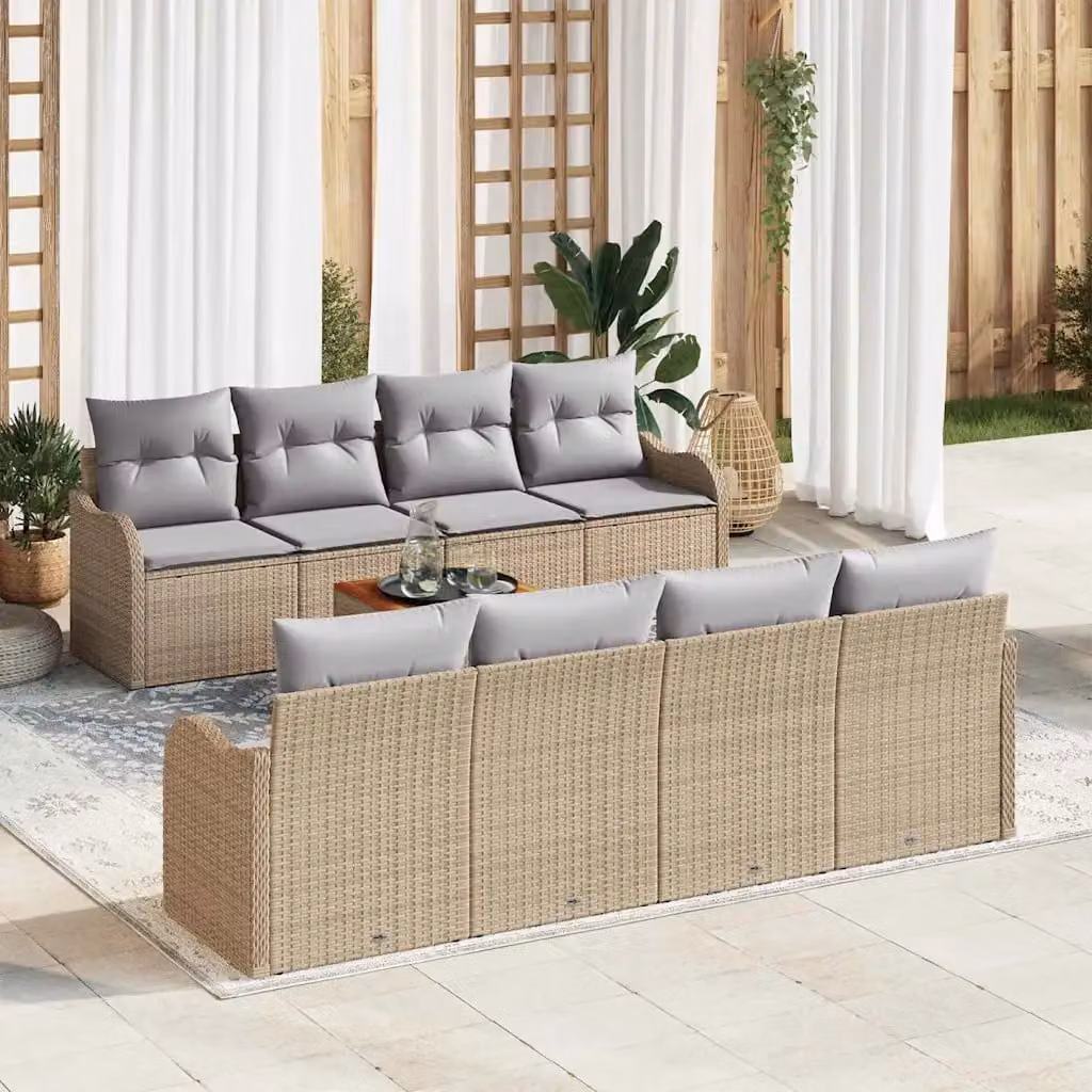 Set Divano da Giardino vidaXL 9 pz Beige con Cuscini e Tavolino in Polyrattan e Acciaio