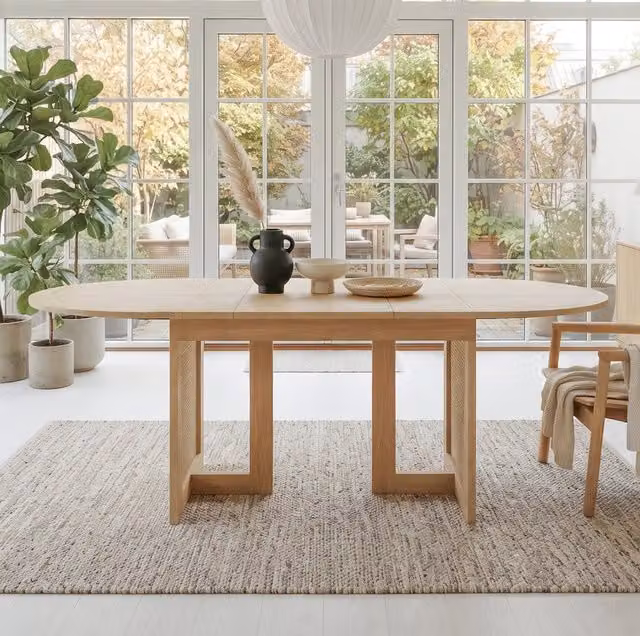 Tavolo da pranzo allungabile 120/160x80 cm; rovere; in MDF con gambe effetto rattan