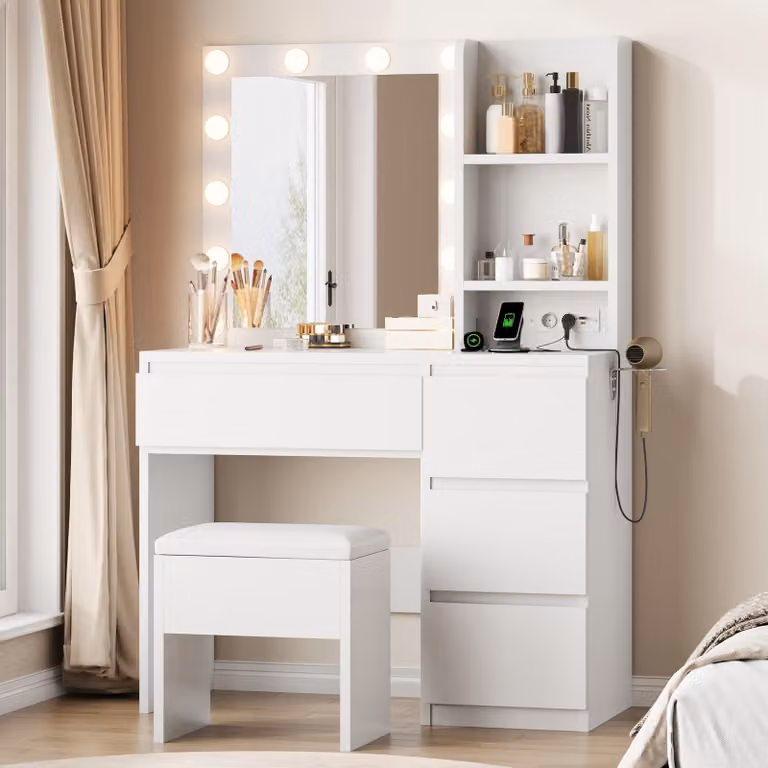 Comò da trucco Jocoevol con specchio e illuminazione a LED, dimensioni 140 x 94 x 40 cm