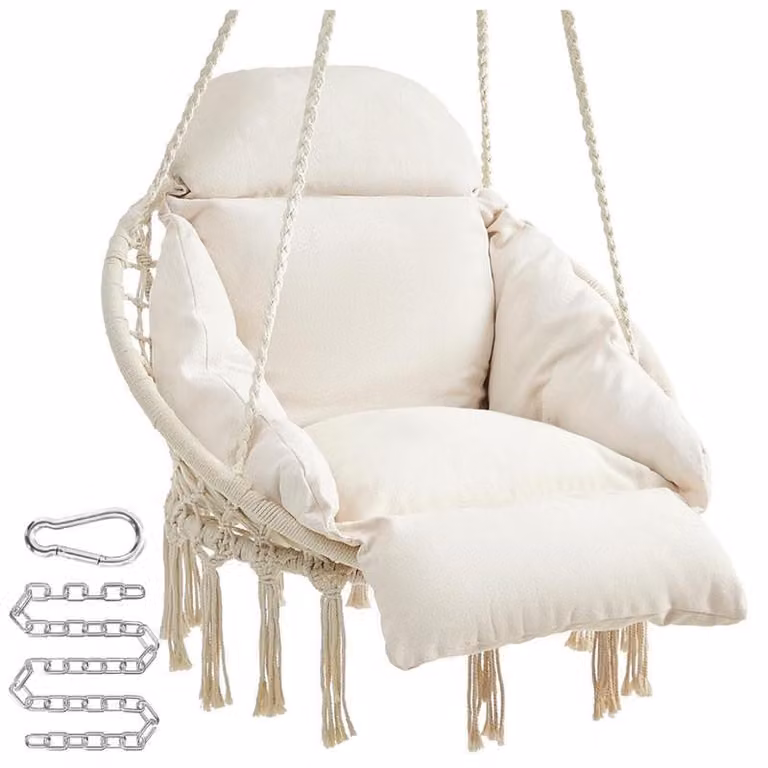 Poltrona a dondolo sospesa con cuscino spesso, modello GDC042M01V3, capacità di carico 120 kg, color beige