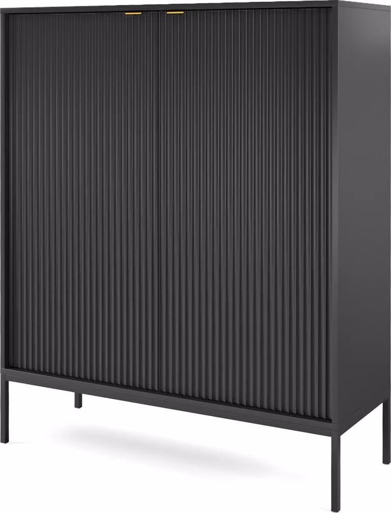 Comodino: 2 ante, colore nero, dimensioni 104 x 125 x 39 cm, maniglie dorate
