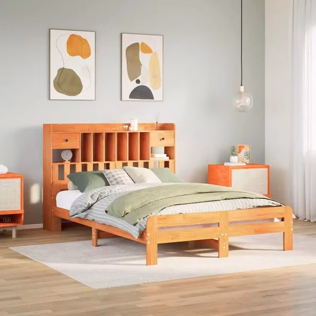 Letto Libreria senza Materasso Marrone Cera 150x200 cm in Pino 3308881