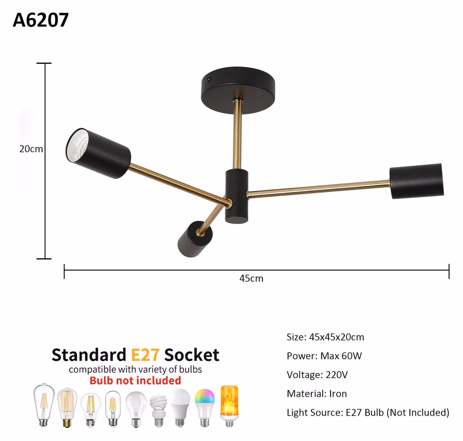 Lampada a soffitto - Modello Sputnik - 3 lampadine - Attacco E27 - Montaggio a parete - 220 V - Senza lampadine - Colore A6207