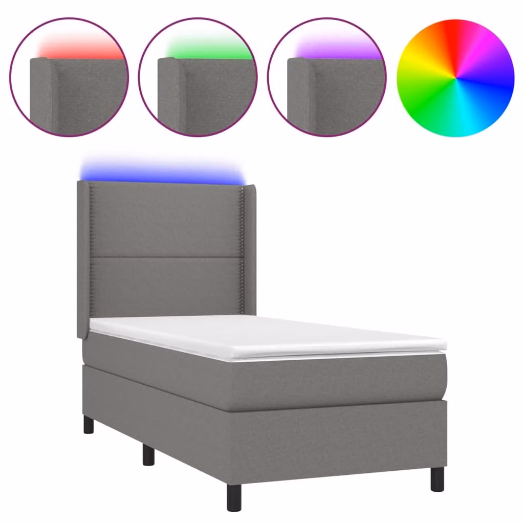 Letto a Molle Materasso e LED Grigio Scuro 90x190 cm in Tessuto
