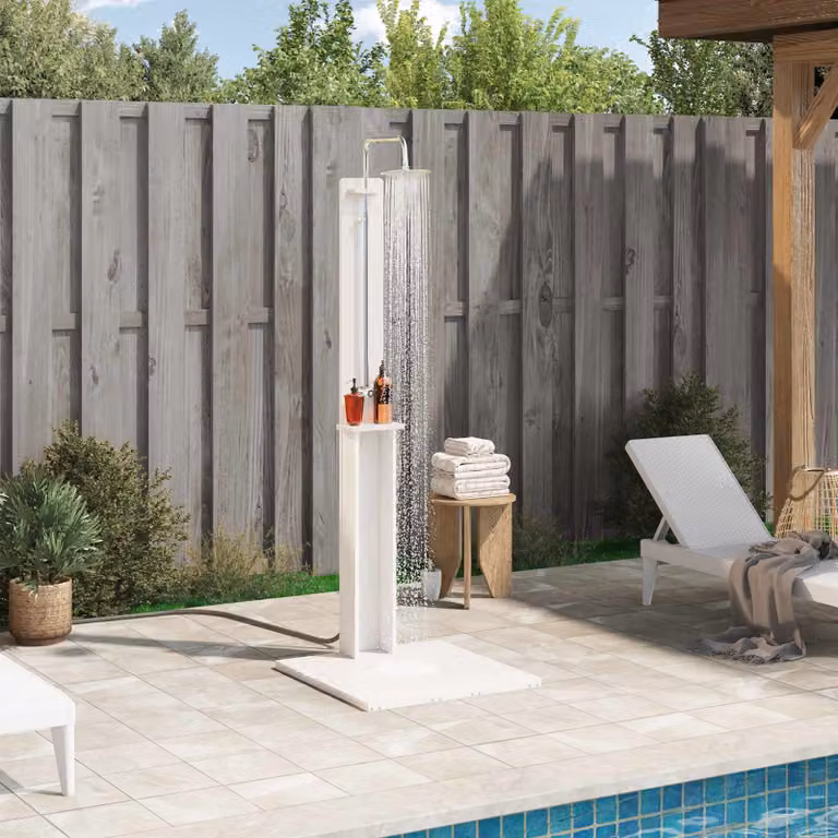 Doccia da esterno vidaXL in legno di pino massello e acciaio inox, colore bianco, Altezza: 206 cm