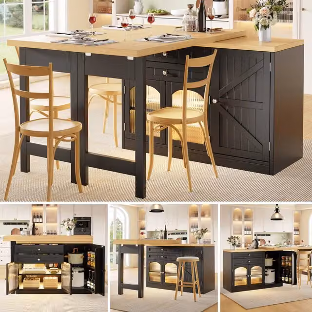 Tavolo da pranzo isola cucina estraibile 120 194 cm piano girevole 360° ante in vetro cassetti bianco/nero