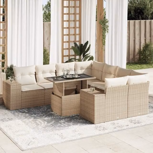 Set Divano da Giardino 9 pz vidaXL in Polyrattan con Cuscini Beige e Bianco per Giardino, Terrazza o Balcone