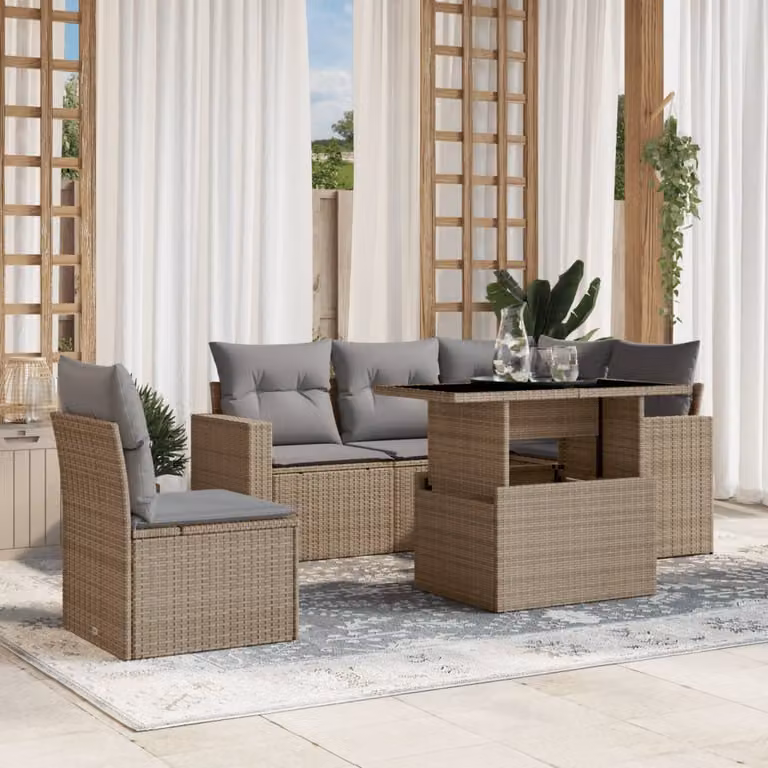 Set Divano da Giardino a L vidaXL in Polyrattan con Cuscini Beige e Tavolino, 6 Pezzi