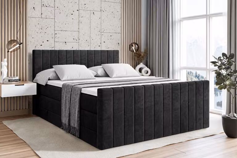 Letto boxspring ALTDECOR con pediera, 2 materassi e topper - 180x200 cm - EDITA-Z KING - Velluto nero - Letto imbottito con materassi H3 e H4, contenitore e rete a doghe, letto con spazio contenitivo