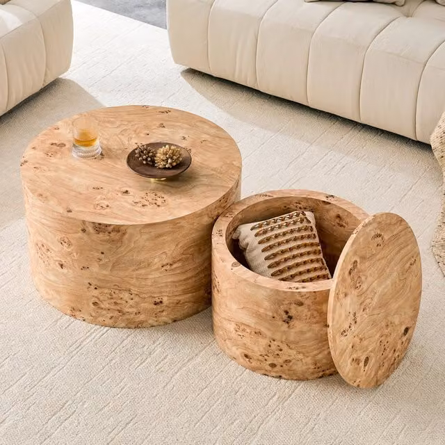Set 2 Tavolini Rotondi a Nido con Contenitore, Legno MDF, Ø 62,8/44 cm, Piano Rimovibile per Soggiorno