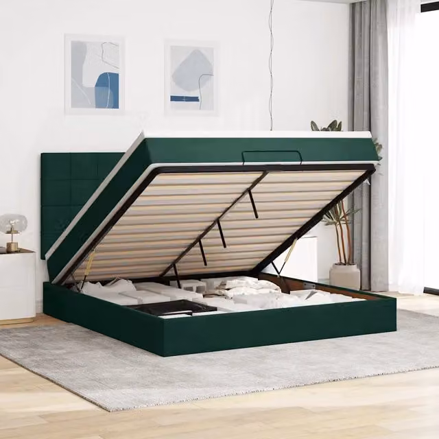 Letto con contenitore a sollevamento vidaXL in velluto verde e bianco con materasso L/P/H: 180 x 200 x 28 cm