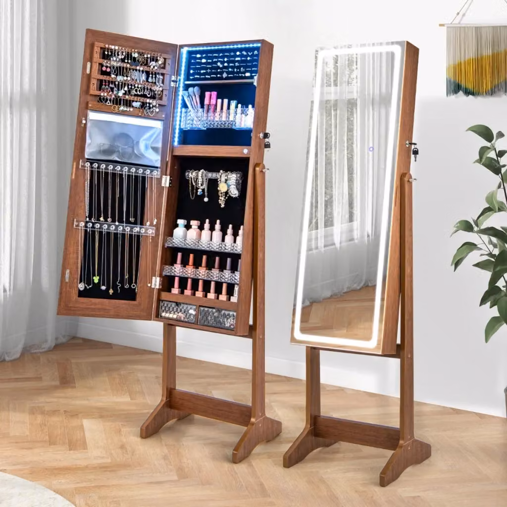 Armadio portagioie Design Mania con specchio a figura intera, luci LED e serratura, colore marrone, H: 151,0 cm, L: 41,0 cm, P: 38,5 cm – 2