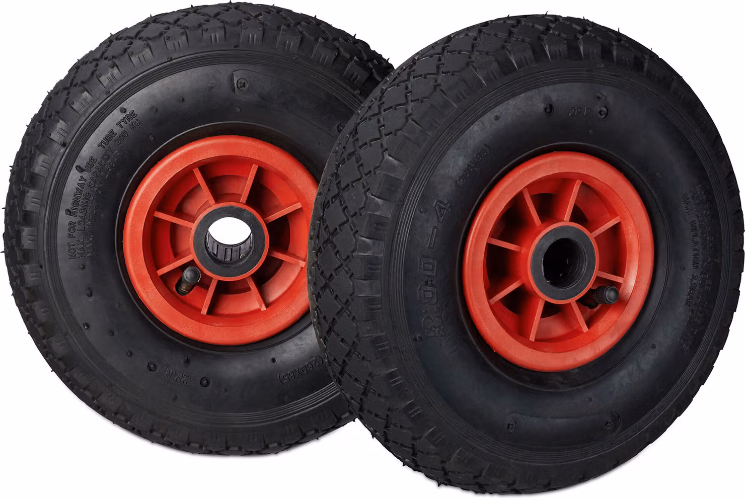 4 ruote per carrello a mano, 3.00-4, con camera d'aria, ruota di scorta con cerchione in plastica, 260x85 mm, Ø asse 25 mm, ruota completa, nero-rosso