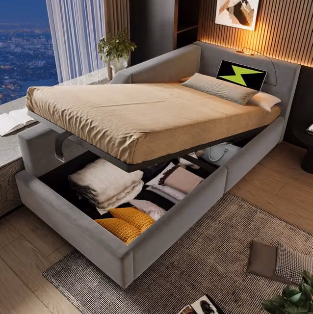 Divano letto 90x190 cm grigio in velluto, contenitore idraulico e luce lettura