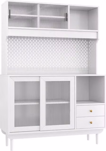 Buffet da cucina con ante scorrevoli in vetro rigato, pannello forato posteriore, cassetti e ripiani aperti, struttura in MDF e PB con piedi in pino bianco 117x30x170 cm