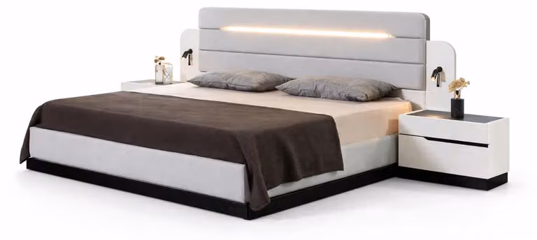 Confortevole set da camera da letto bianco con letto matrimoniale e 2 comodini in legno