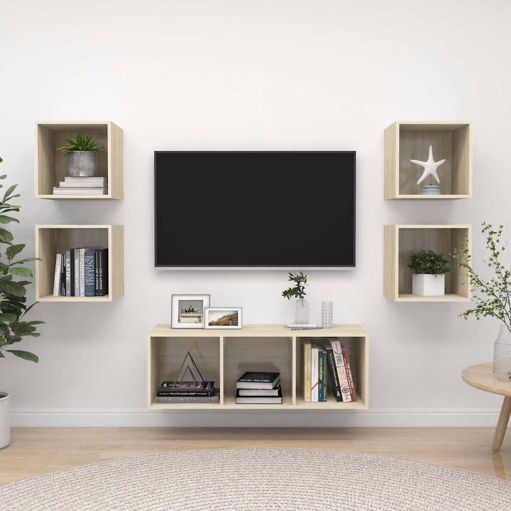 Set Mobili TV vidaXL 5 Pezzi in Legno Multrato e MDF Rovere Sonoma, Colore Marrone e Beige
