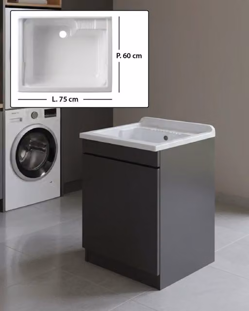 Mobile Lavatoio in legno Nobilitato Grigio con uno sportello e pilozzo lavabo in resina x lavanderia bagno Dimensioni (Larghezza x Profondità): L 75 x P 60 cm