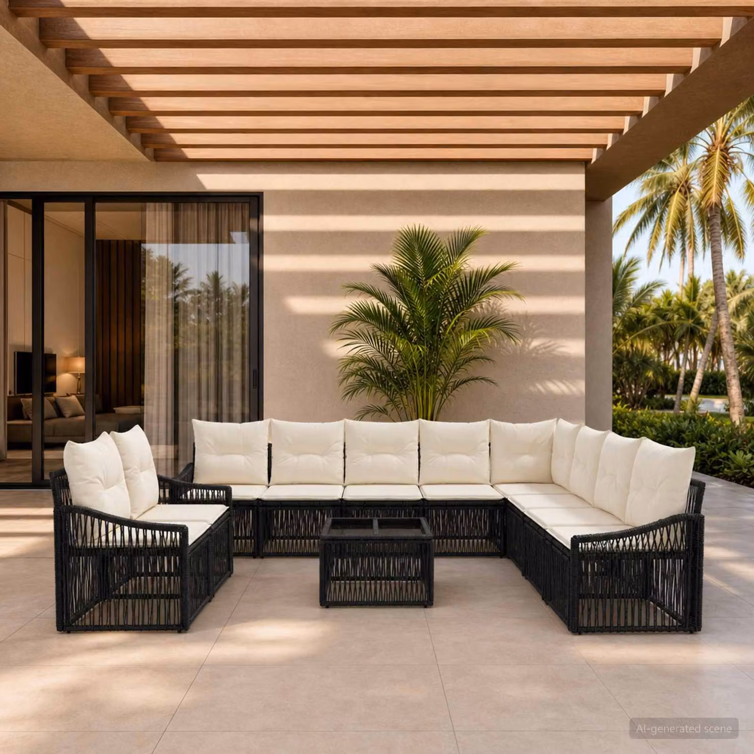 Set Divano da Giardino vidaXL 11 pz a Forma a U con Tavolino e Cuscini Nero