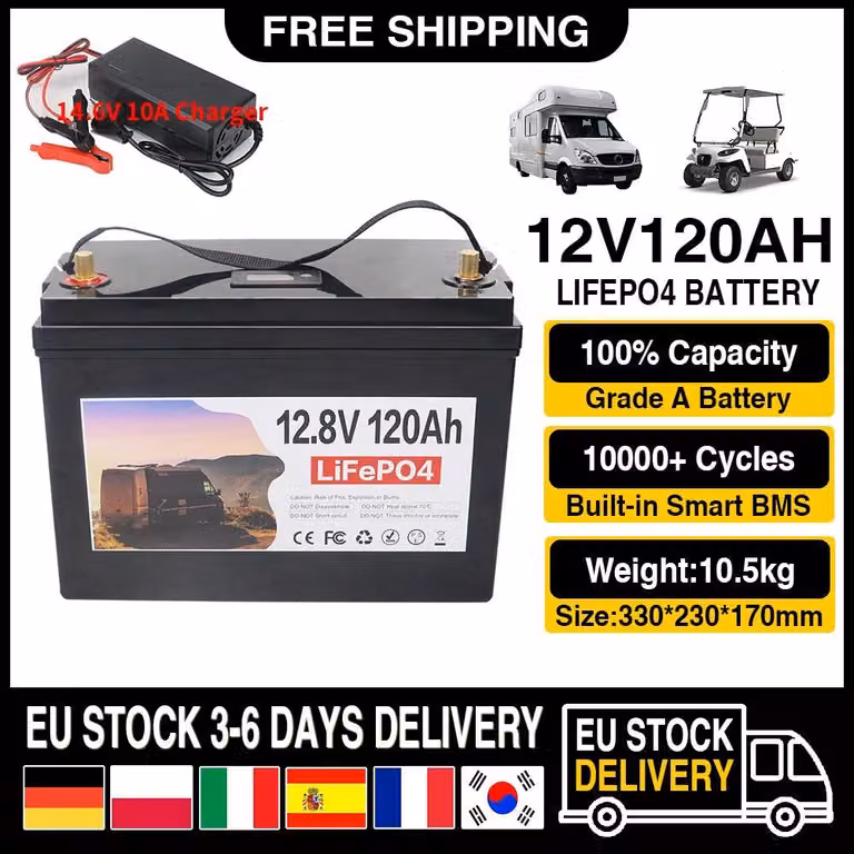 Batteria al litio ferro fosfato da 12V 120Ah - Sistema di accumulo solare e power station con BMS integrato, ideale per camper