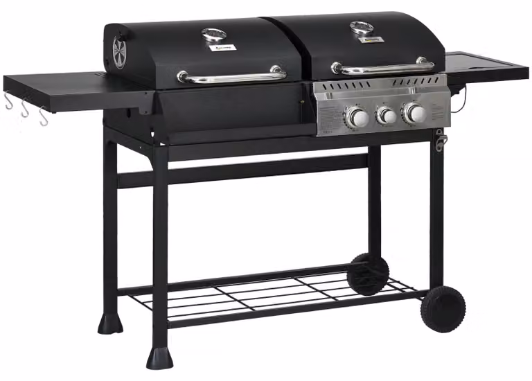 Barbecue a gas, con termometro e piastre di mantenimento del calore, 161 x 54 x 103 cm, nero + argento