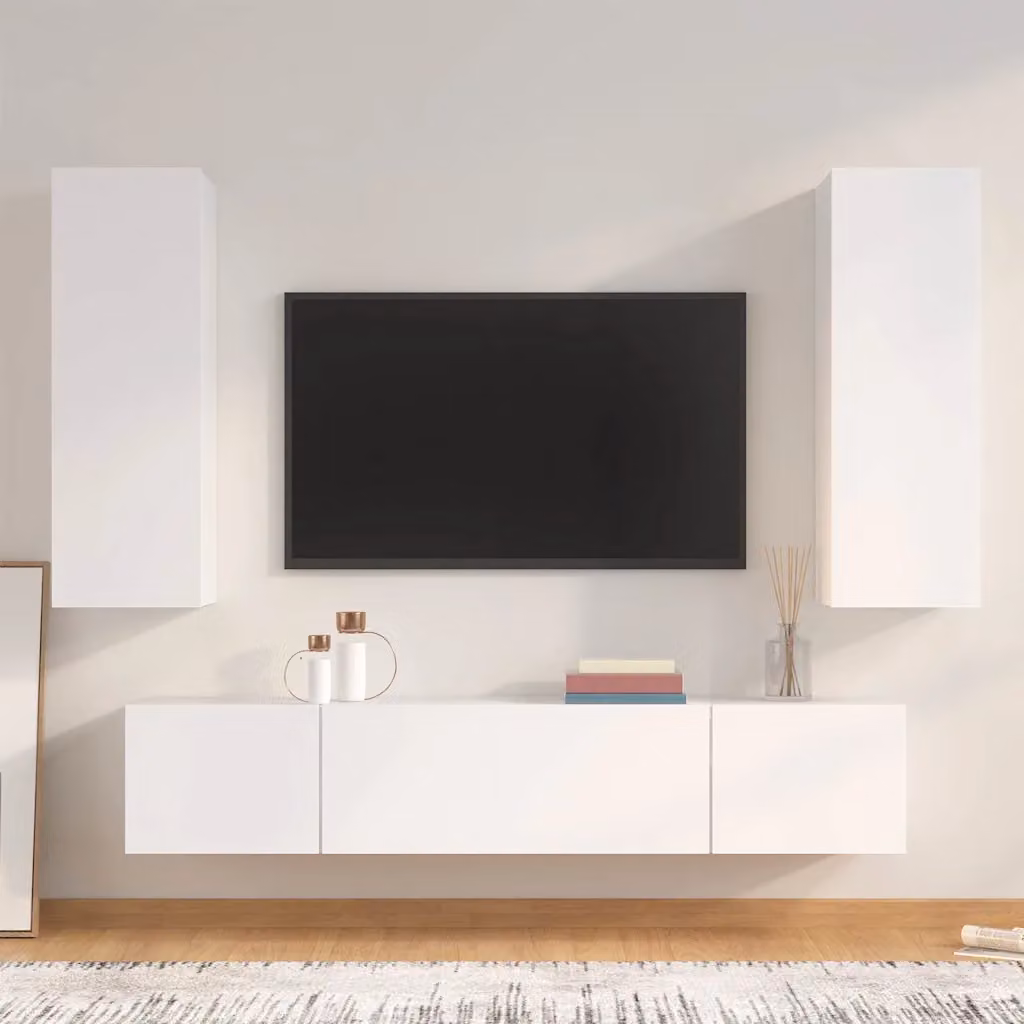 Set di mobili porta TV da 4 pezzi vidaXL in legno MDF bianco per soggiorno, modello a parete – 1