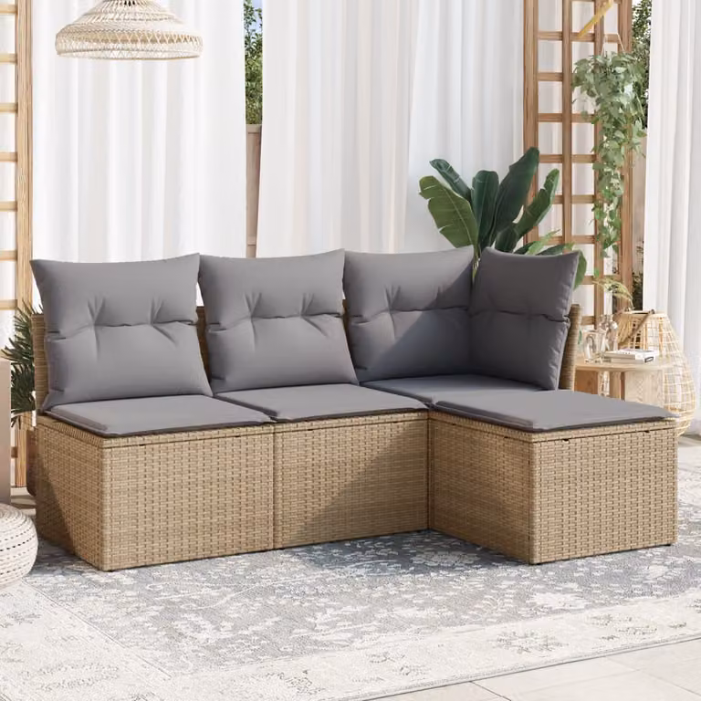 Set Divano da Giardino L-Shape vidaXL in Polyrattan con Cuscini Beige e Grigio e Struttura in Acciaio