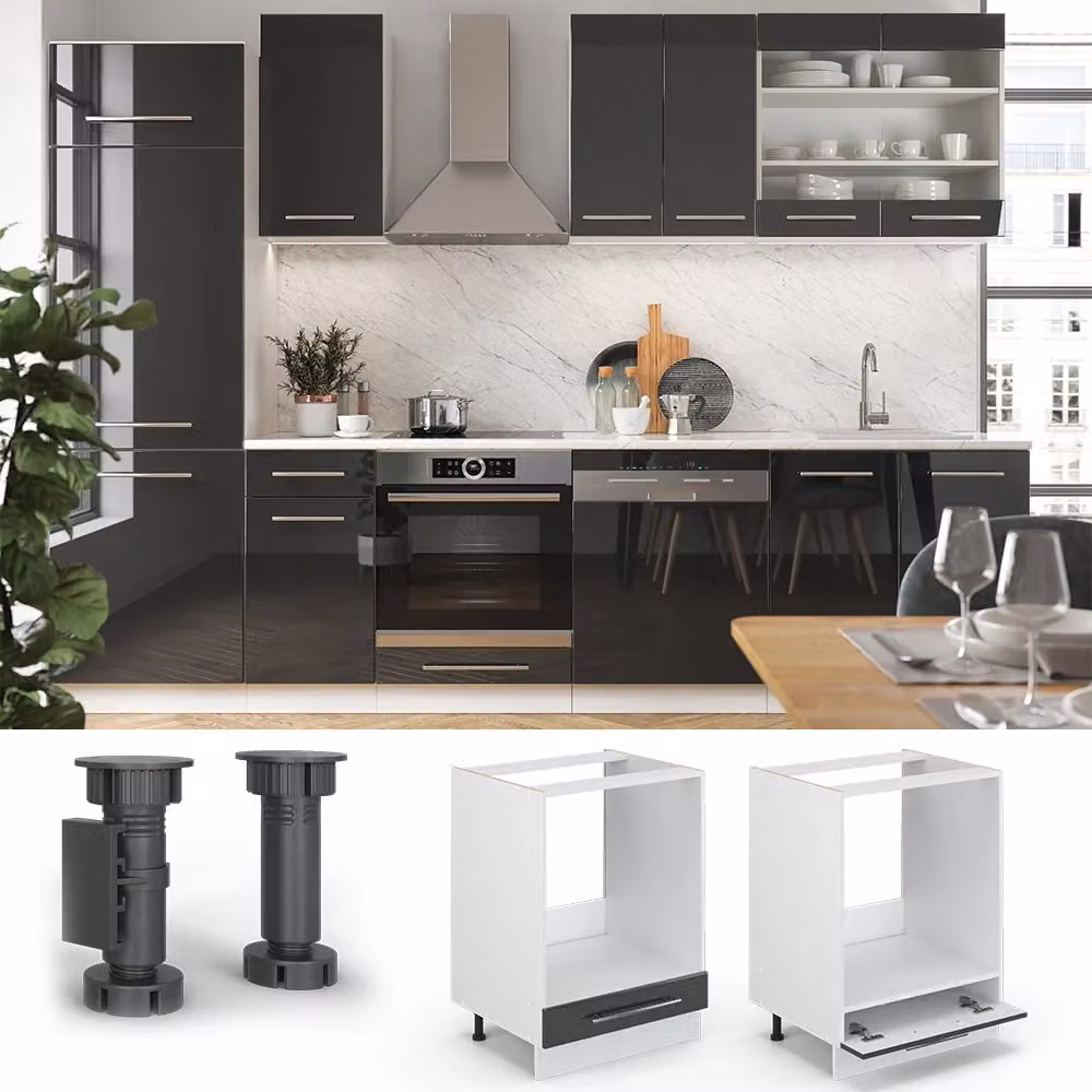 Mobile per forno da incasso Fame-Line Vicco Antracite lucido e Bianco con Rovere, L: 60 cm, P: 60 cm, H: 82 cm – 2