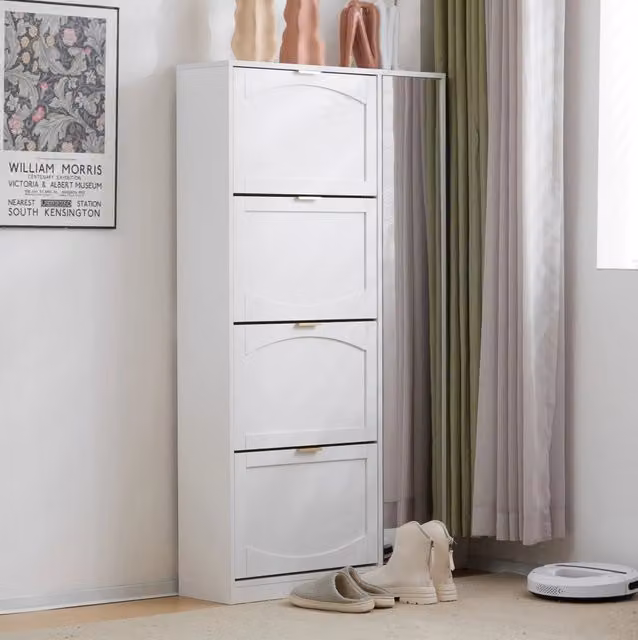 Scarpiera con specchio 80x24x147 cm; 4 vani estraibili; bianco