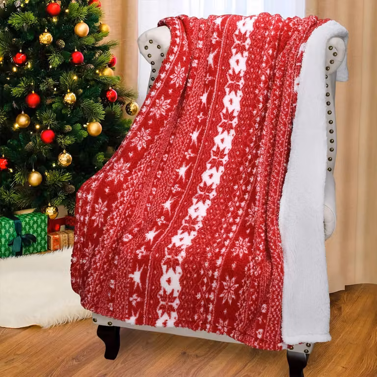 Coperta in pile Sherpa con motivo a fiocchi di neve, 150x130 cm, colore rosso