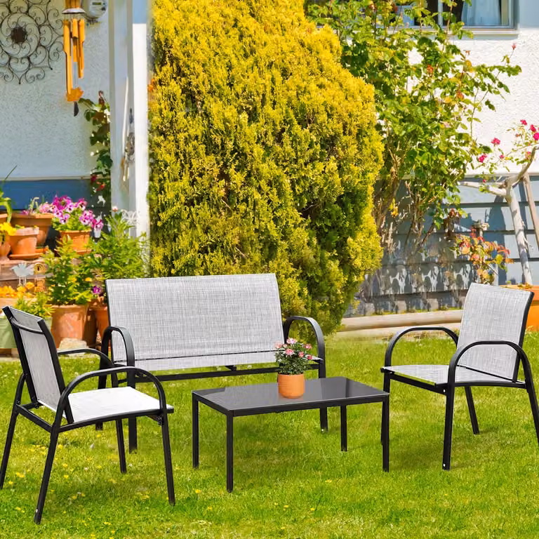 COSTWAY Set 4 pezzi per mobili da terrazza, balcone e giardino, inclusi 2 sedie singole, 1 panca e 1 tavolino Set di sedute in tessuto Grigio