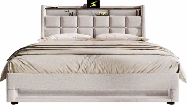Letto matrimoniale 160x200 in lino beige con USB， LED e contenitore， senza materasso