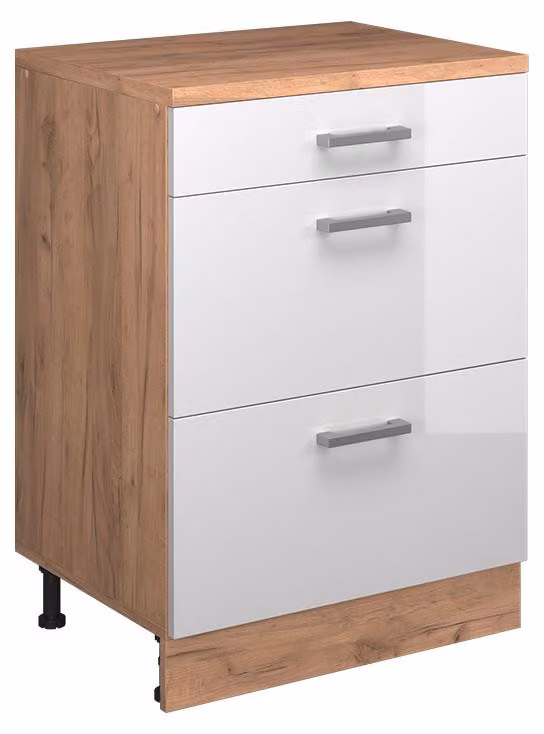 Mobile cucina sottotetto Vicco R-Line Bianco lucido 60 cm senza inclinazione con 3 cassetti, Model 61721