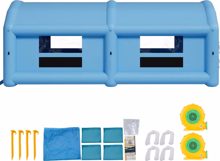 SucceBuy Cabina di verniciatura gonfiabile 12x5x4 m, tenda con soffiante 950+1100 W e sistema di filtraggio dell'aria, tetto triangolare, tessuto Oxford resistente, adatta per la verniciatura a spruzzo di parti metalliche di veicoli