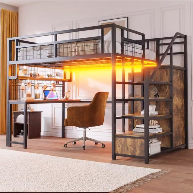 Letto a soppalco 140 × 200 cm con scrivania, scaffale, armadio, luci LED e prese, senza materasso, nero