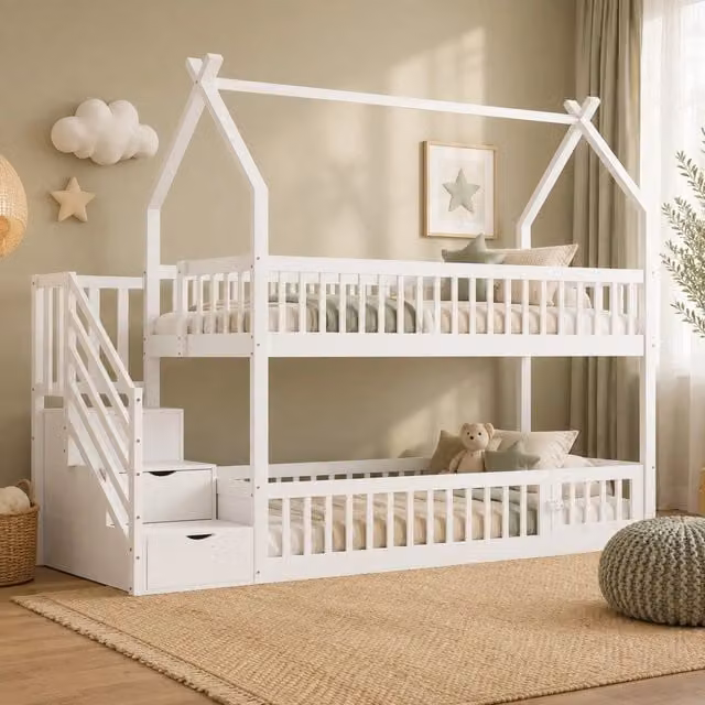 Letto a castello per bambini 90x200 cm bianco – con scala e contenitori, senza materasso