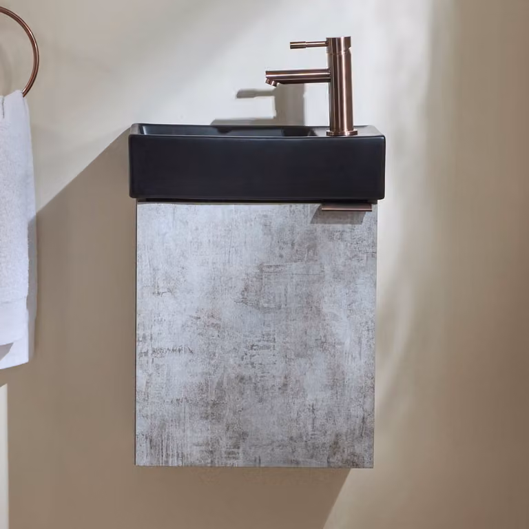 Mobile Bagno Grigio Cemento Sospeso da 400mm con Lavabo Nero e Maniglia con Impugnatura a Dito in Bronzo Spazzolato - Cluo