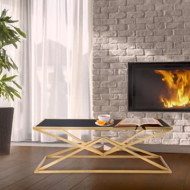 Tavolino da salotto moderno DMORA Keswic rettangolare in vetro nero e oro L: 110 cm, P: 60 cm, H: 45 cm