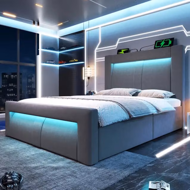 Letto singolo 90x200 cm con contenitore; LED; porte USB e USB C; velluto grigio