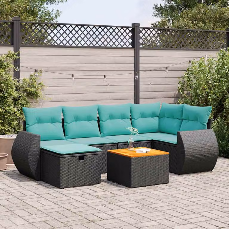 Set di divani da giardino vidaXL in polyrattan con 7 cuscini e struttura in legno di acacia oliato, colore nero