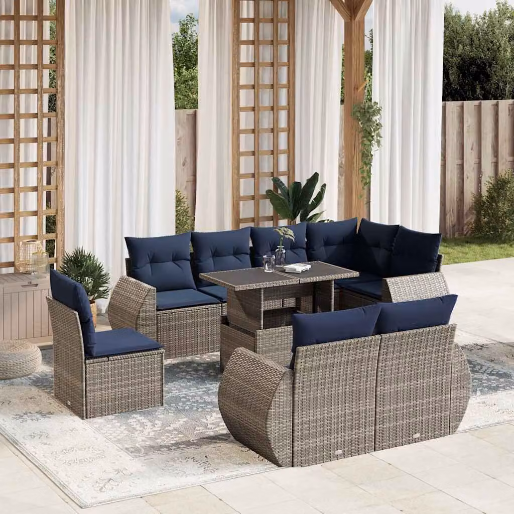 Set di divani da giardino vidaXL in polyrattan grigio con cuscini e tavolino da esterno a forma di L composto da 9 pezzi