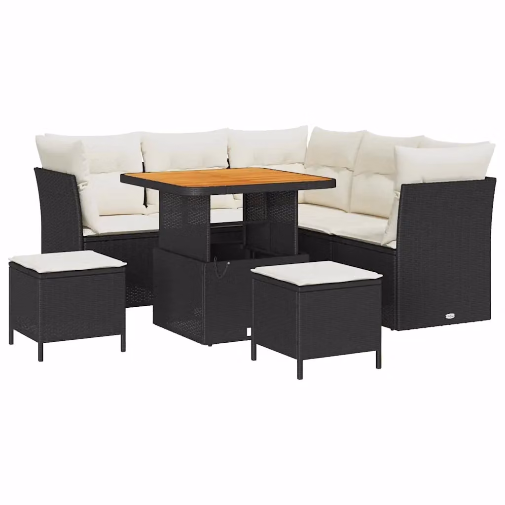 vidaXL Set Divano da Giardino a L con 8 Pezzi, Nero e Beige con Cuscini e Tavolino da Esterno – 2