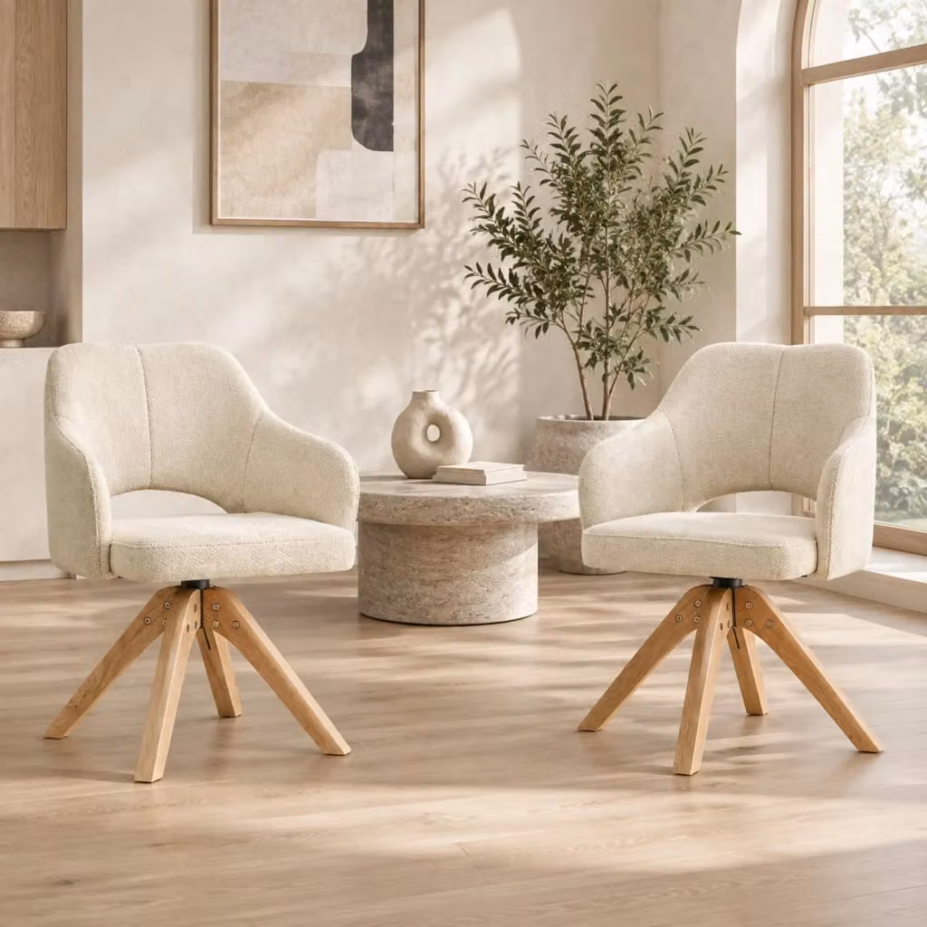 Set di 2 sedie da pranzo girevoli a 360 MIVRAY in tessuto beige e bianco con gambe in legno, H 80 x L 45 x P 48 cm – 2