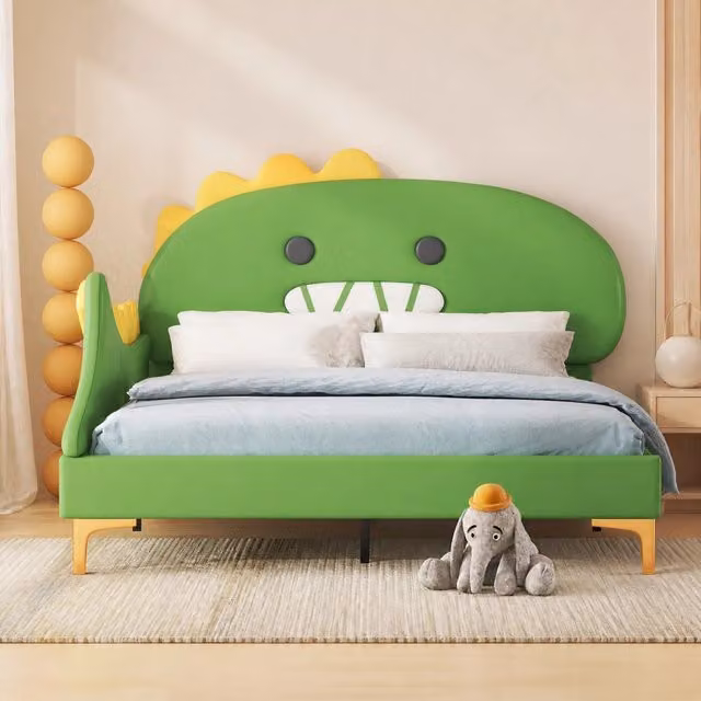Letto per bambini dinosauro verde 140 x 200 cm in PU e MDF
